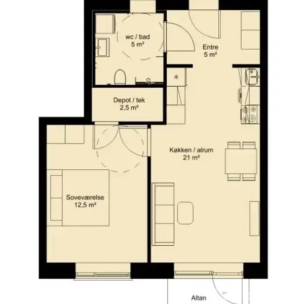 Plantegning viser en lejlighed med et soveværelse på 12,5 m², et køkken/alrum på 21 m², badeværelse på 5 m² og et depotrum/teknikrum på 2,5 m².