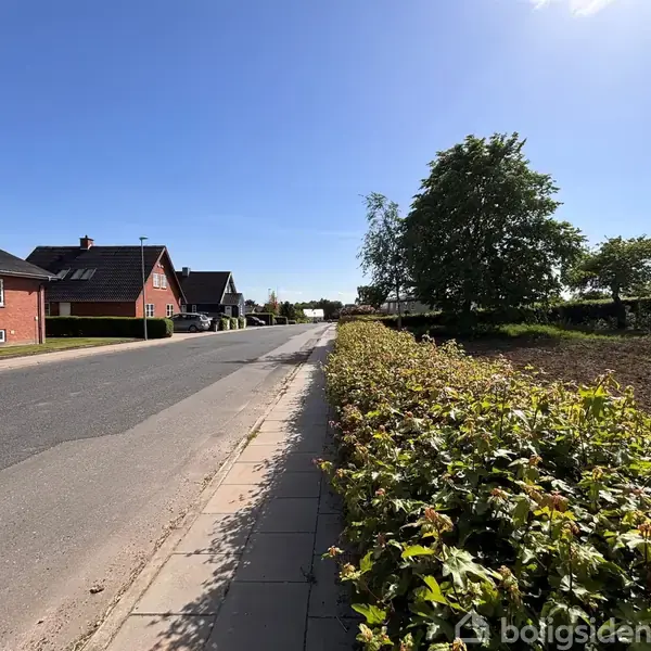 En vejkant grænset af hække løber parallelt med en asfalteret vej. Røde murstenshuse med skrå tage ses til venstre, træer står til højre under en skyfri blå himmel.
