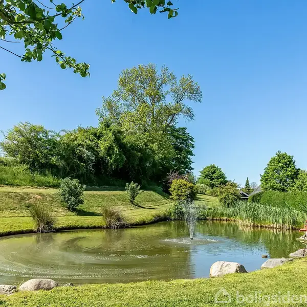 En lille dam har en springvand i midten; den er omgivet af græsplæne og træer under en klar blå himmel.