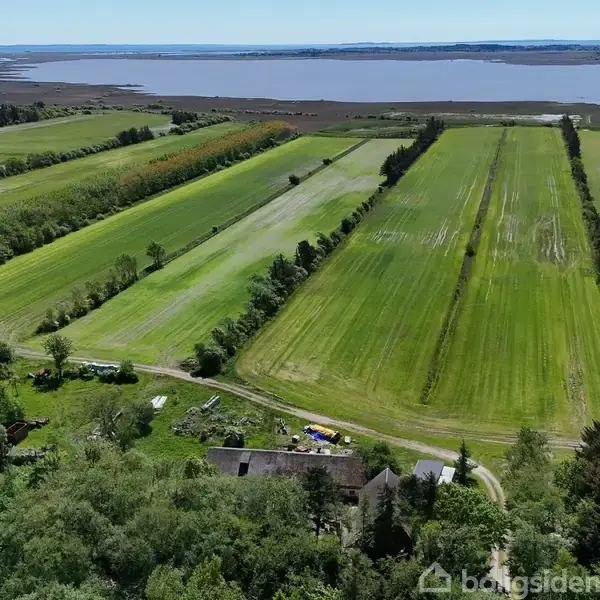 Grønne marker strækker sig mod en sø i baggrunden, omgivet af træer og en landevej. I forgrunden ses et gårdområde med bygninger og vegetation.