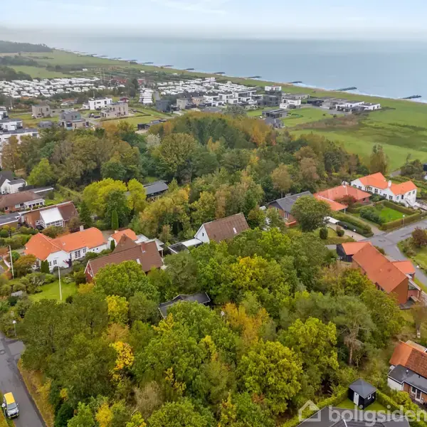Boliger med røde tage ligger i en landsby omgivet af tæt skov. I baggrunden er store græsarealer og et blik mod kystlinjen og havet.