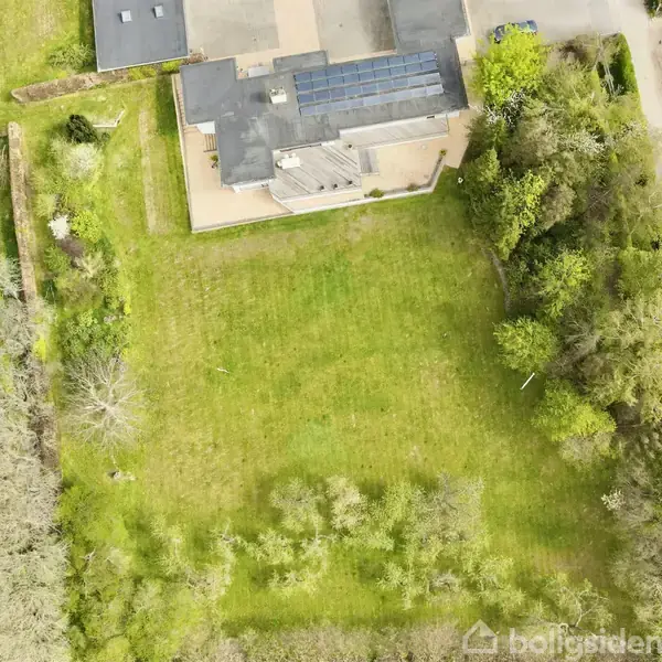 Grønt område med spredt træbevoksning omgivet af huse. Bagsiden af en bygning kan ses øverst, dels skjult af træer, i et boligkvarter.