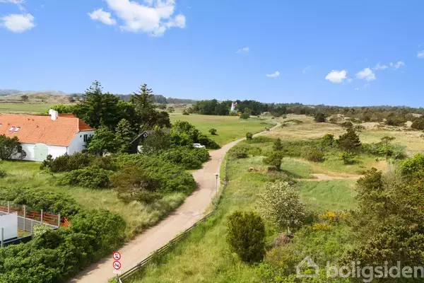 En grusvej snor sig gennem en grøn landlig scene med enkelte huse og træer under en blå himmel med få skyer. Skilte ved vejen har nogle trafiksymboler.
