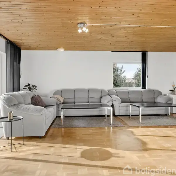 To grå sofaer står i en lys stue med trægulv og træloft. Store vinduer giver udsigt til en have. En lille sort sidebord og planter ses også.
