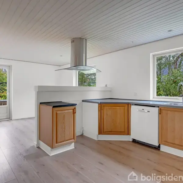 Køkken med træskabe og mørke bordplader, indeholder emhætte og opvaskemaskine. Store vinduer og glasdør åbner mod grøn have, lyse trægulve og hvidt loft dominerer rummet.