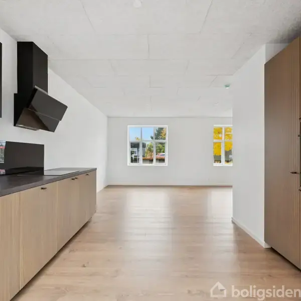 Køkken med træskabe og indbygget ovn, der åbner ud mod et lyst rum med trægulv. Væg indbygget med glas og sorte ventilationsenheder. To vinduer viser et udendørs område.