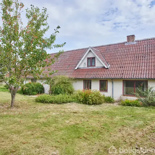 Et hvidt hus med rødt tegltag står omgivet af en grøn have med en stor træplæne og et enkelt træ i forgrunden.