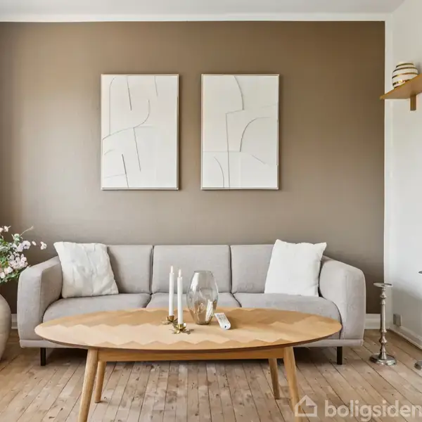 Sofa står foran en brun væg, pyntet med to abstrakte billeder. En træbord med stearinlys og dekorationer er foran. Højre væg har en hylde med bøger. Blomsterne står i en vase.