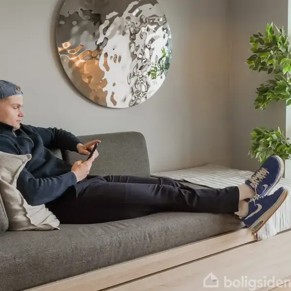 Ung mand ligger afslappet på en sofa og ser på sin smartphone. Han er iført en kasket og sneakers. Rummet er moderne indrettet med en stor plante og et spejl på væggen.