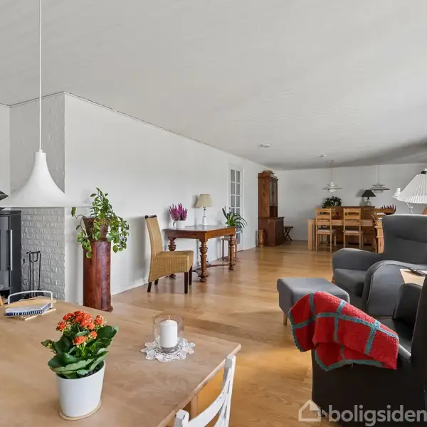 Stue med pejs tændt, omgivet af møbler som sofaer, spisebord og planter. Rummet er lyst med trægulv og store vinduer, hvilket skaber en hyggelig atmosfære.