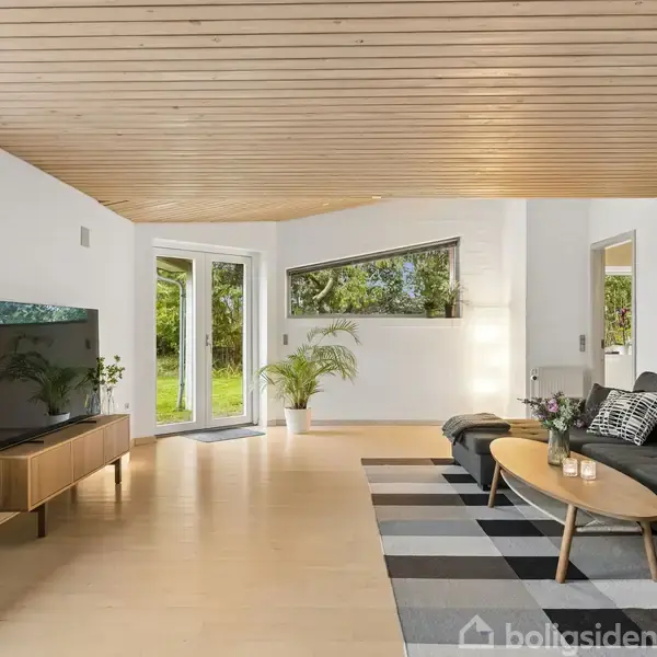 Stuen har en grå sofa, to træborde med planter og puder. Der er en fladskærm på et skab. Rummet har lyse gulve, træloft og store vinduer med udsigt til en have.