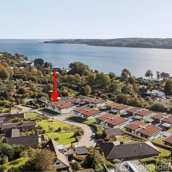 Luftfoto viser en boligområde ved vandet med en rød pil pegende på et specifikt hus. Omgivet af grønne træer og huse nær en bred flod eller fjord.