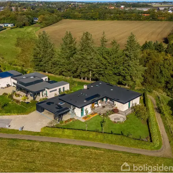 Moderne hus med fladt tag ligger på en grøn grund ved siden af en række træer. Omgivet af flere lignende huse, marker og en snoet vej.
