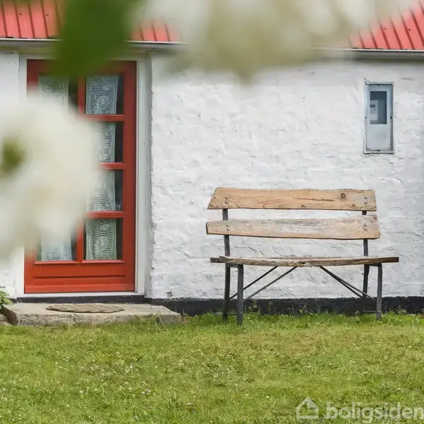 En træbænk står foran en hvid murstensvæg med en rød dør til venstre. Et skilt med tallet "36" hænger ved siden af døren. Græsplæne og blomster i forgrunden.