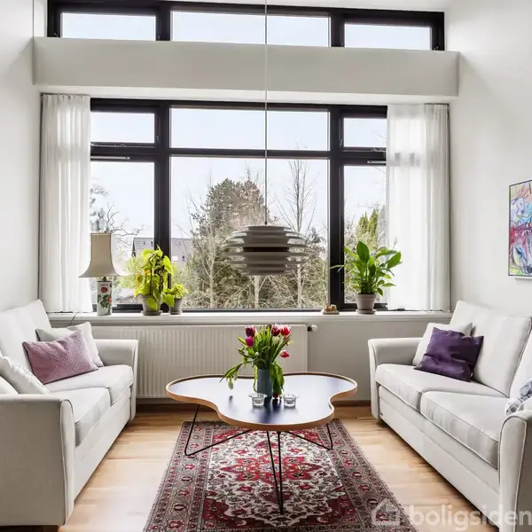 To sofaer står overfor hinanden omkring et sofabord med blomster, i en lys stue med store vinduer, planter, maleri på væggen og en moderne loftslampe.