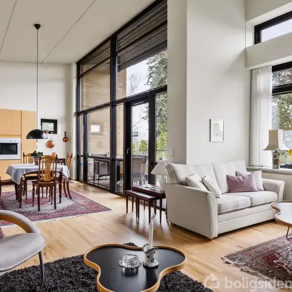 En stue med lyse møbler og store vinduer, der lukker naturligt lys ind. Sofa og lænestol står på et tæppe, nær et sofabord. Et spisebord markerer overgangen til et køkkenområde.