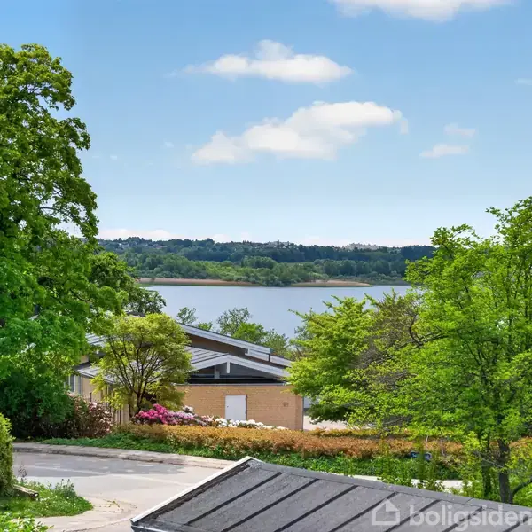 Et vejområde omgivet af frodig grøn beplantning og huse, fører synet mod en sø med skovklædte bredder under en blå himmel med spredte skyer.