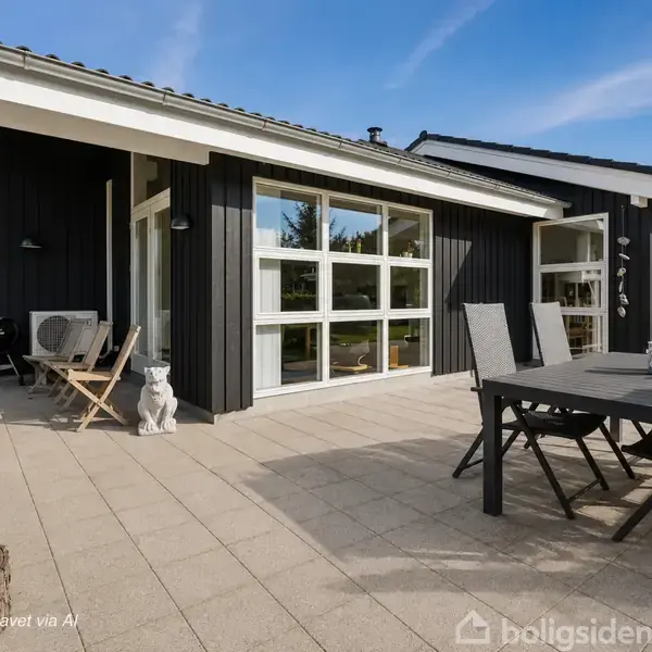 Sort træhus med store vinduer ud til en stenterrasse. Et havebord med stole er placeret på terrassen, mens en lille statue står tæt ved husets væg. Skovmiljø baggrund.