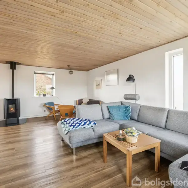 Grå hjørnesofa står i stue med trægulv og træloft. Ved siden af er der et lille bord med planter. En brændeovn ses i hjørnet nær vindue med udsigt.