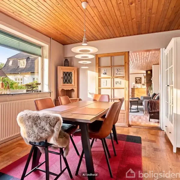 Spisestue med træbord omgivet af stole, en stol har et fåreskind. Store vinduer giver udsigt til have. Træloft og parketgulv skaber en hyggelig atmosfære.
