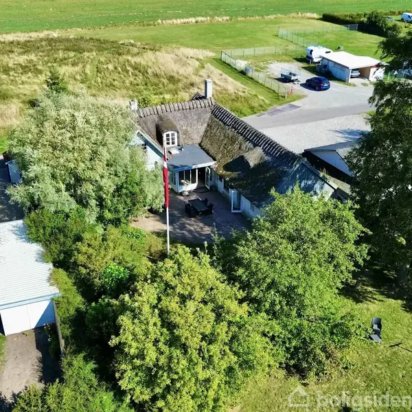 Stue med stenmur, tre sorte stole og et bord. Store vinduer giver udsigt til en have. Malerier hænger på væggen, og stuen har lyse trægulve. Plantestande står ved indgang.