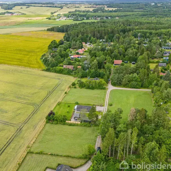 Et landskab med marker og skov, hvor et lille beboelsessamfund ligger midt i grønne omgivelser. Der ses gule og grønne marker til venstre, med skove og huse til højre.