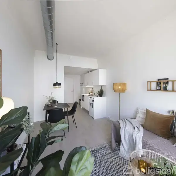 Stue med sofa og planter, dæmpet belysning fra gulvlampe, sammenhængende med køkken. Billeder på væggen, et med teksten "TIME TO ACT". Diningbord med stole ved siden.