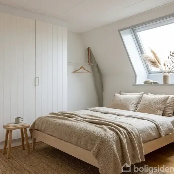 Soveværelse med dobbeltseng dækket af tæppe, ved siden af natbord med lampe og krus. Skabe står til venstre, mens et ovenlysvindue oplyser rummet bagved med planter og billeder.