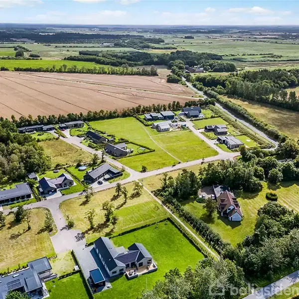 Landskab med række af huse placeret langs veje omgivet af grønne marker og skovområder, set fra luften i landligt område.