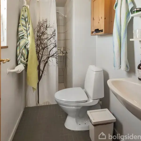 Toilet står stille i et lille badeværelse med bruser. Væggene er hvide, der er en håndvask, og trædøre ses i baggrunden. Hylder med produkter er på væggen.
